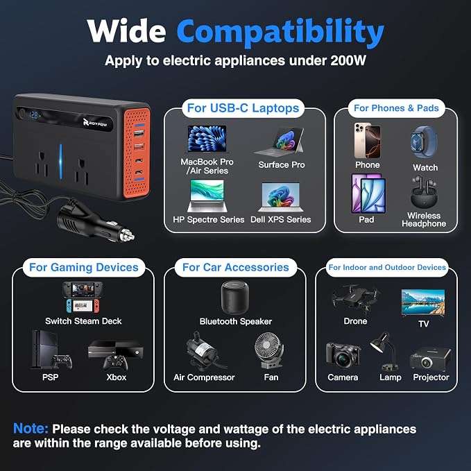RoyPow 200W Car Power Inverter, DC 12V to 110V AC Power Inverter - Image 7