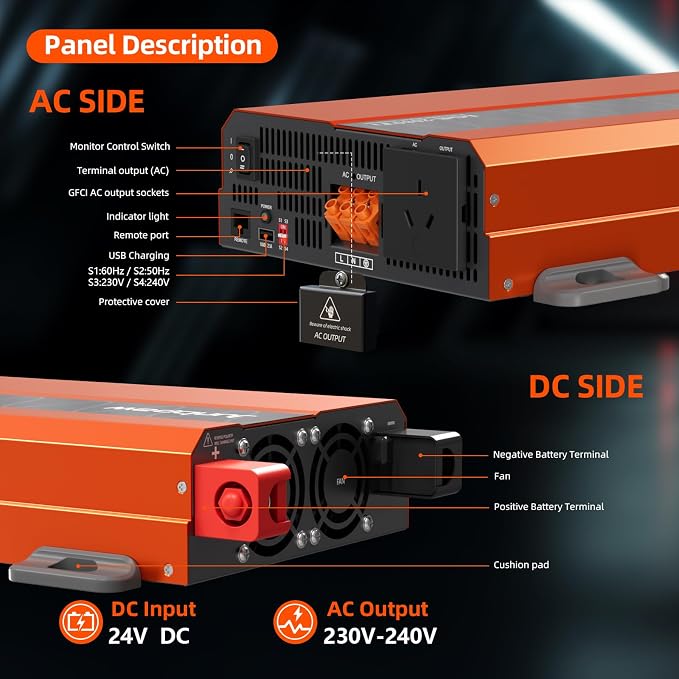 2080W Pure Sine Wave Inverter, 12V DC to 110V/120V AC, 6000W Peak, 5V/2.1A USB - Image 4