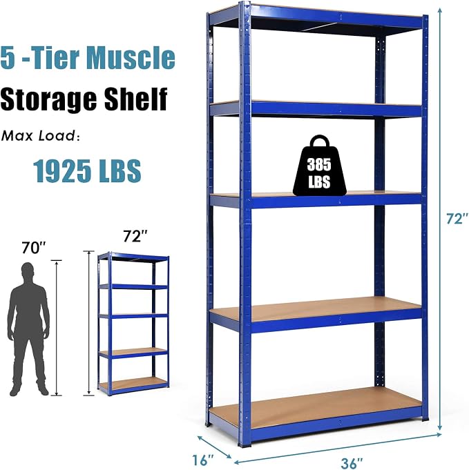 ERGOMASTER 5 Tier Utility Shelves Rack Garage Heavy Duty Steel Metal Shelving - Image 3