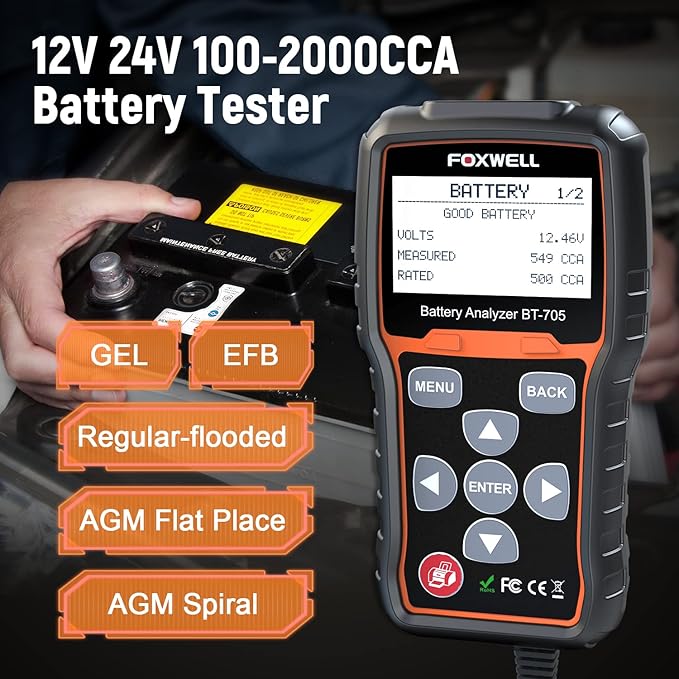 FOXWELL BT705 Car Battery Tester 12V 24V, Automotive 100-2000CCA Battery Load - Image 8
