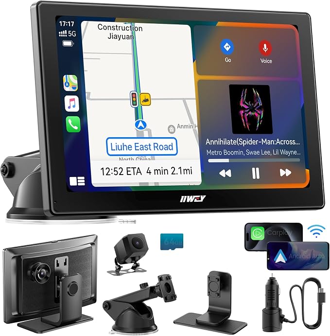 IK5 9" Wireless Apple CarPlay & Android Auto Screen, Portable Car Stereo by iiwey