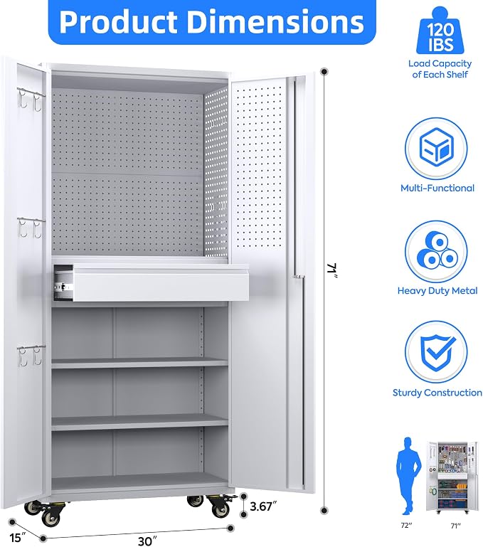 Garage Storage Cabinet with Locking Doors and 2 Adjustable Shelves, Pegboard - Image 3