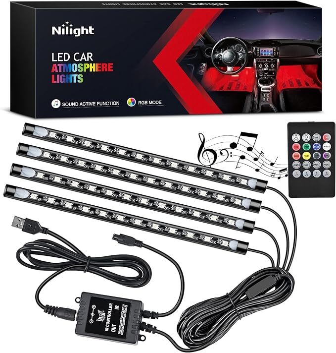 Nilight 48 LEDs DC 5V Multicolor Music Car Strip Light Under Dash Lighting Kit by Nilight