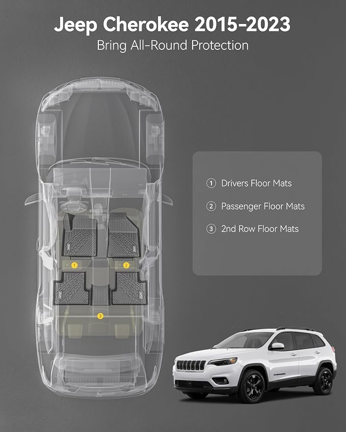 3W Floor Mats Fit for Jeep Cherokee 2015-2023 TPE Floor Liner 1st and 2nd Row - Image 2