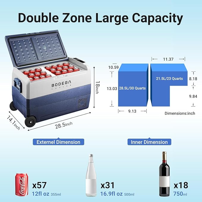 BODEGACOOLER 12 Volt Car Refrigerator, 53 Quart Portable Freezer, Dual Zone Car - Image 2