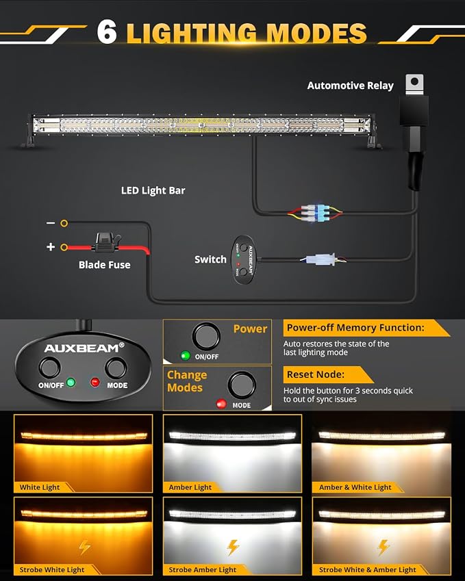 Auxbeam 42 Inch Curved LED Light Bar, 240W 6 Modes Amber White Strobe Fog Lights - Image 2