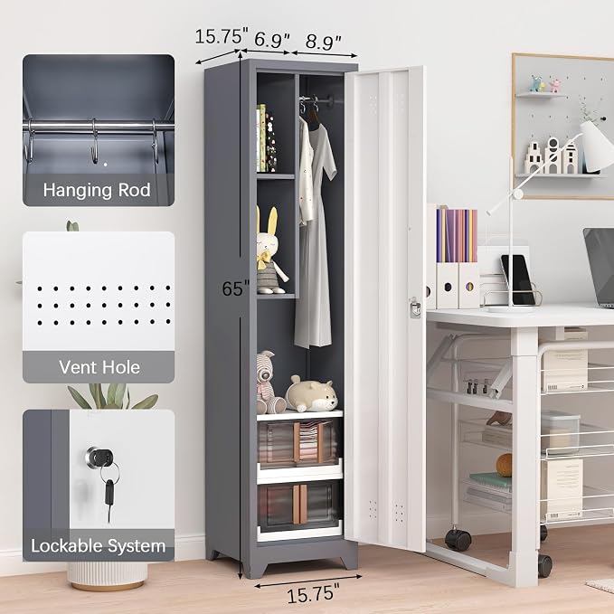 GREATMEET Slim Lockable Garage Storage Cabinet, Narrow Broom Storage Closet - Image 3