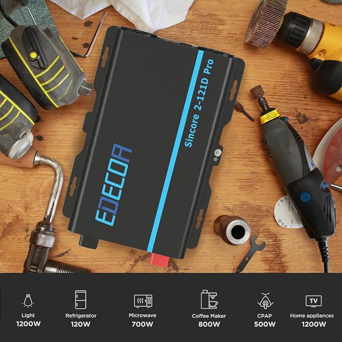 EDECOA Pure Sine Wave Inverter 1200W 12V DC to 110V AC Power Inverter - Image 7