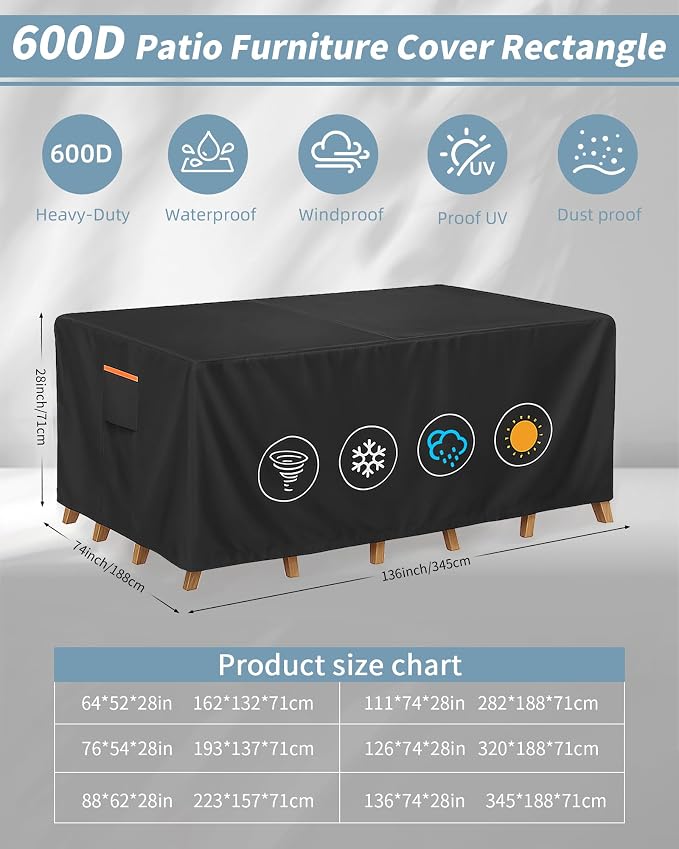 Outdoor Waterproof Furniture Cover, 136W x 74L x 28H inches Heavy Duty 600D - Image 3