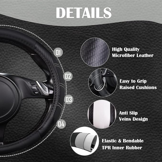 CAR PASS Line Rider Microfiber Leather Sporty 14.5-15 inch Steering Wheel Cover - Image 4