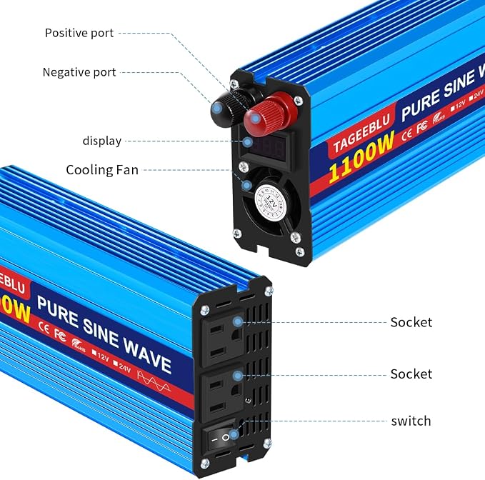 1100 Watt Pure Sine Wave Inverter, Solar Power Inverter, 12V DC to 110V AC - Image 6