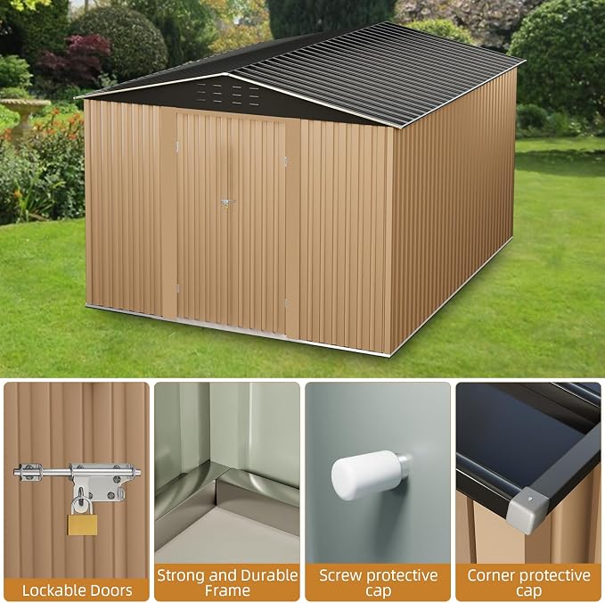 10x10FT Outdoor Metal Storage Shed, Lockable Weatherproof Garden Shed - Image 5