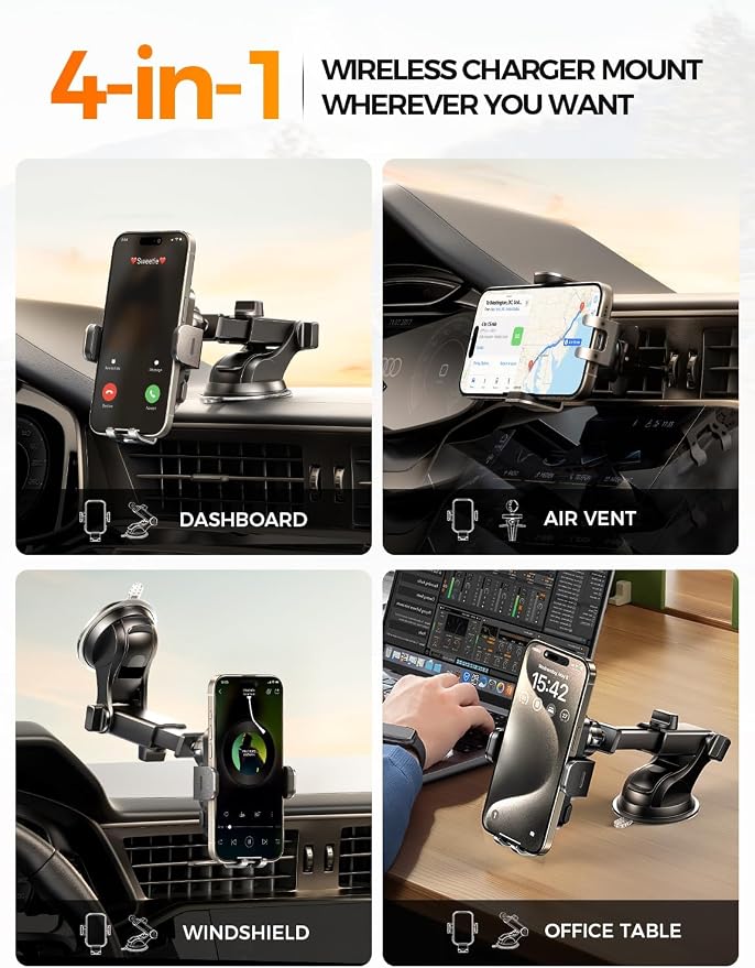 CHGeek Wireless Car Charger Phone Holder Mount, 15W Fast Charging Auto Clamping - Image 2