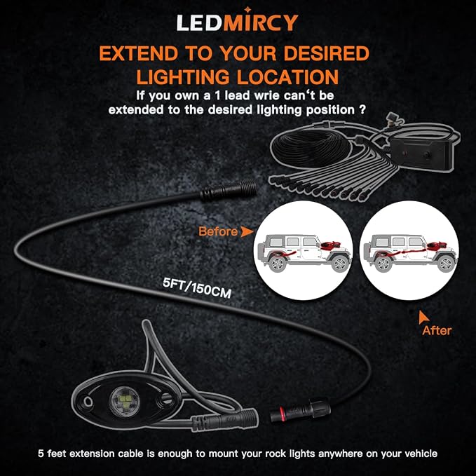 LED Rock Lights Extension Cable Wire Cord 2Pin Waterproof 4PCS 5ft 22AWG - Image 3