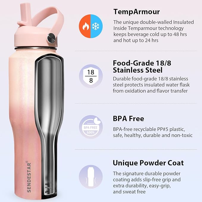 SENDESTAR 40oz Stainless Steel Water Bottle, Double Wall Vacuum Insulated Bottle - Image 3