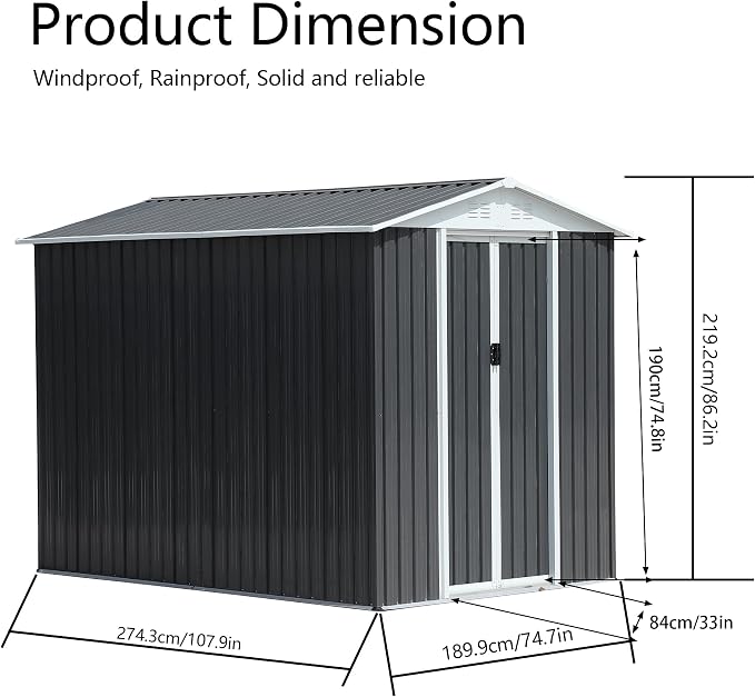 6x9 FT Outdoor Storage Shed, Metal Garden Shed - Image 3