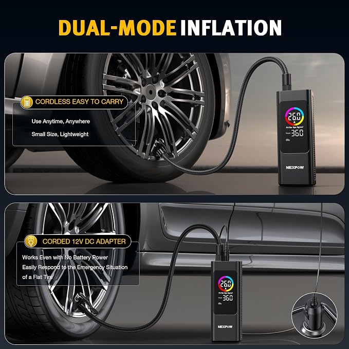 NEXPOW 150 PSI Tire Inflator Portable Air Compressor, 12000mAh Battery Auto - Image 6