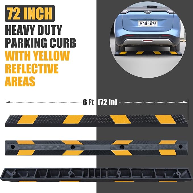72" in 6' Ft Heavy-duty Rubber Parking Curb, Installation Kits Included - Image 2