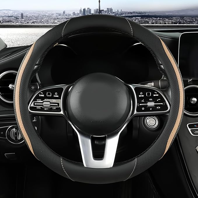 Car Steering Wheel Cover, Leather Steering Wheel Cover Beige Universal 14.5-15 by Szttswamp