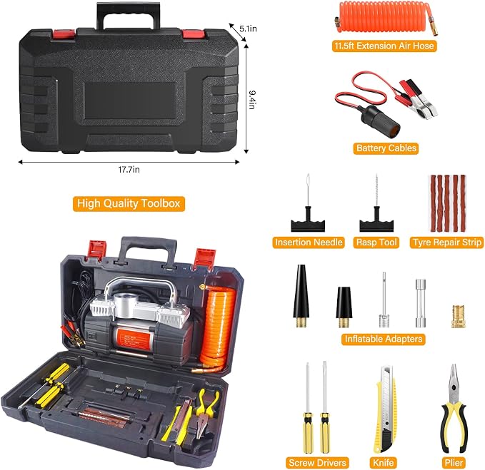 GSPSCN Digital Tire Inflator, Portable Toolbox 12V Air Compressor Pump Heavy - Image 2