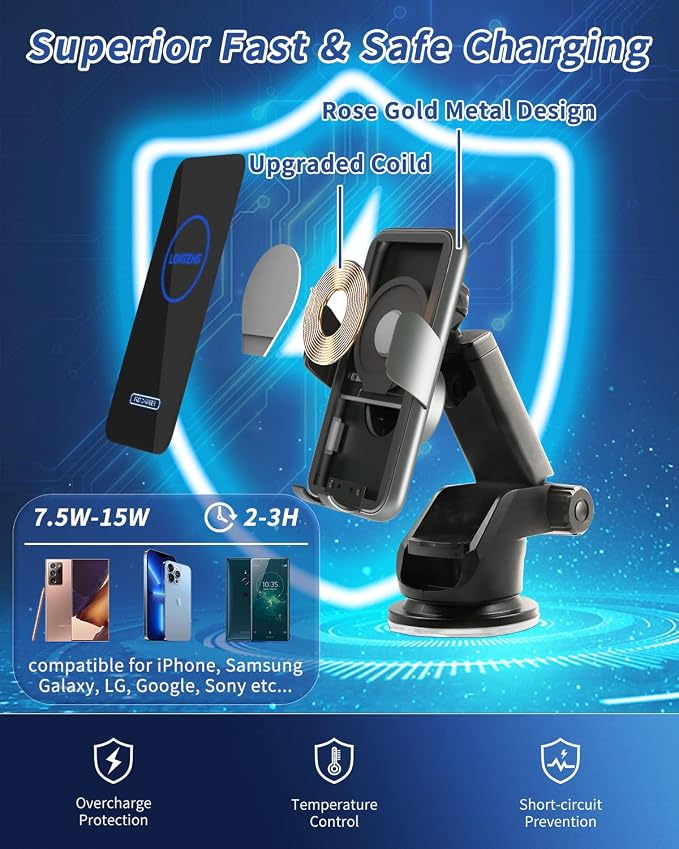 15W Car Mount Charger Qi Fast Wireless Charging Phone Mount, Windshield - Image 2