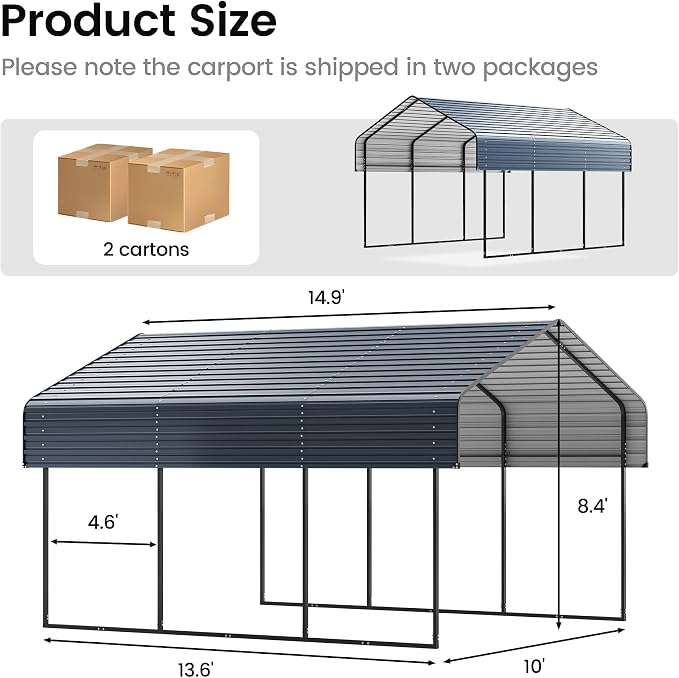 10'x15' Heavy Duty Metal Carport, Outdoor Garage Car Shelter Shade - Image 7