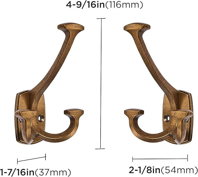 Large Wall Double-Sided Hook 2 Pack Antique Brass Hook Decorative Heavy Duty - Image 2