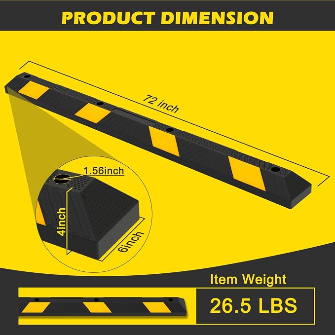 72" Rubber Parking Curb Stop, Heavy Duty Car Stopper, Parking Wheel Stops - Image 2