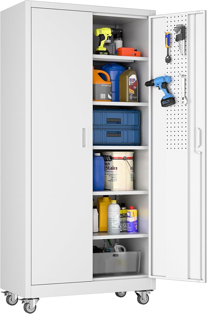 Garage Storage Cabinet with Pegboard and 5 Adjustable Shelves, Tool Storage by SUXXANFurniture
