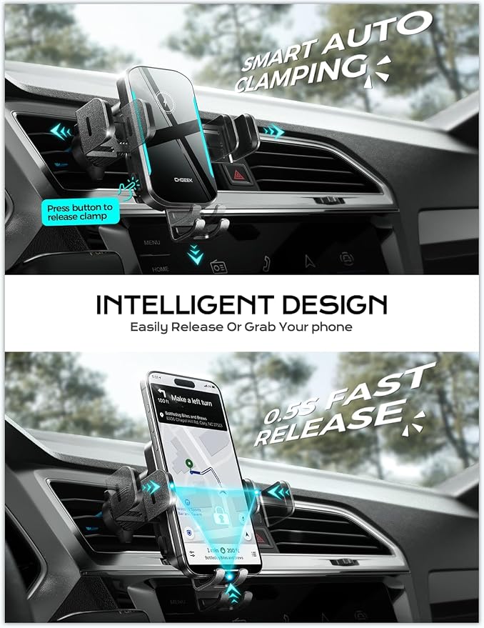 CHGeek 15W Wireless Car Charger – Auto-Clamping Qi Fast Charging Vent Mount - Image 3