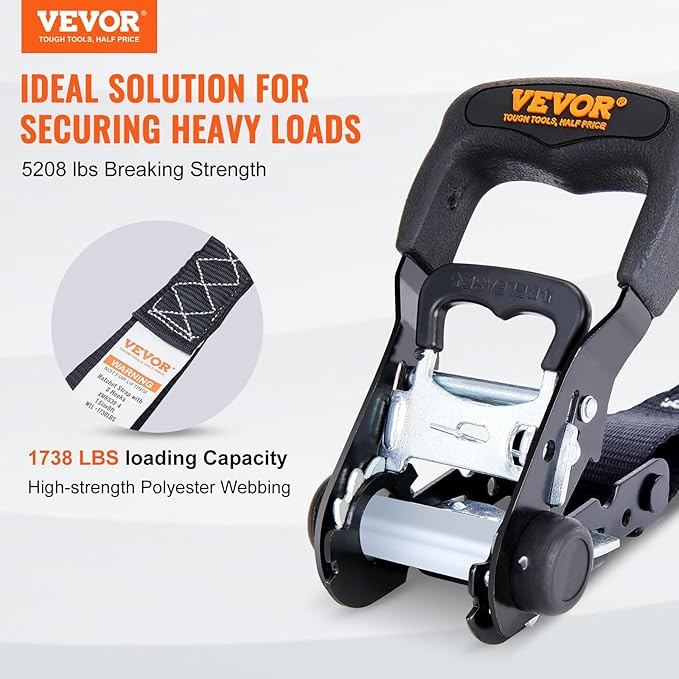 VEVOR Ratchet Tie Down Straps, 5208lbs Break Strength, 1.6" x 8' Heavy Duty - Image 2