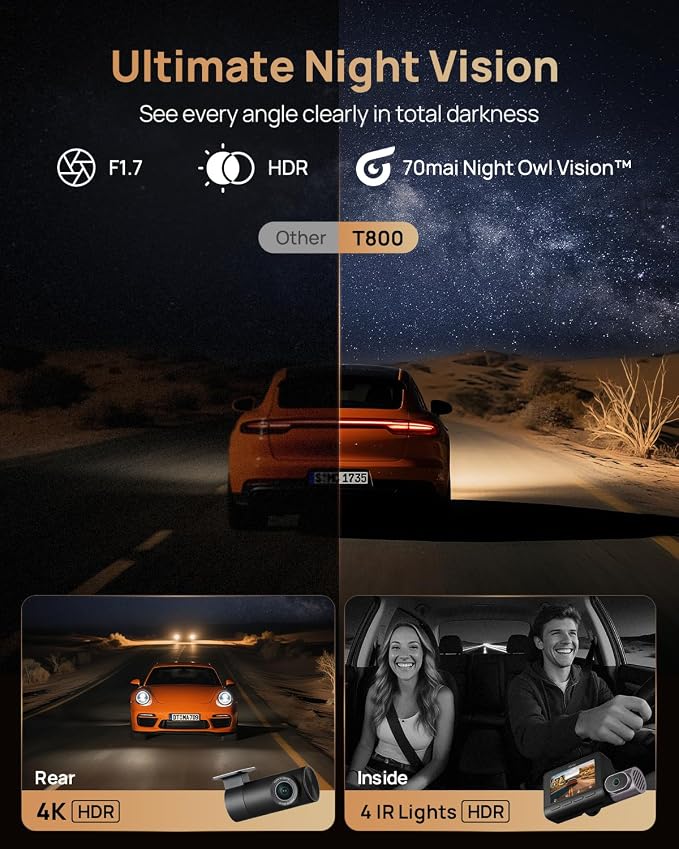70mai 4K T800 3 Channel Dash Cam, Dash Cam Front and Rear Inside, STARVIS 2 - Image 3