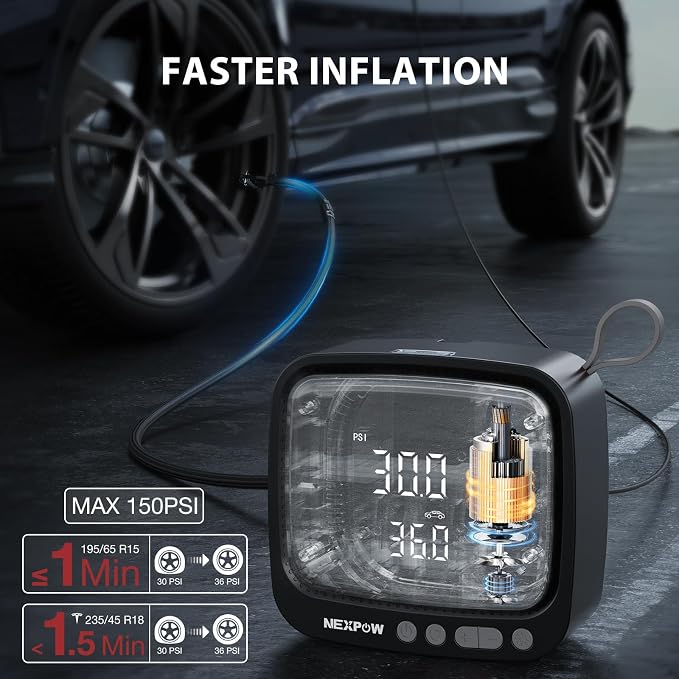 Tire Inflator Portable Air Compressor, NEXPOW 150PSI 12V DC Air Pump - Image 2