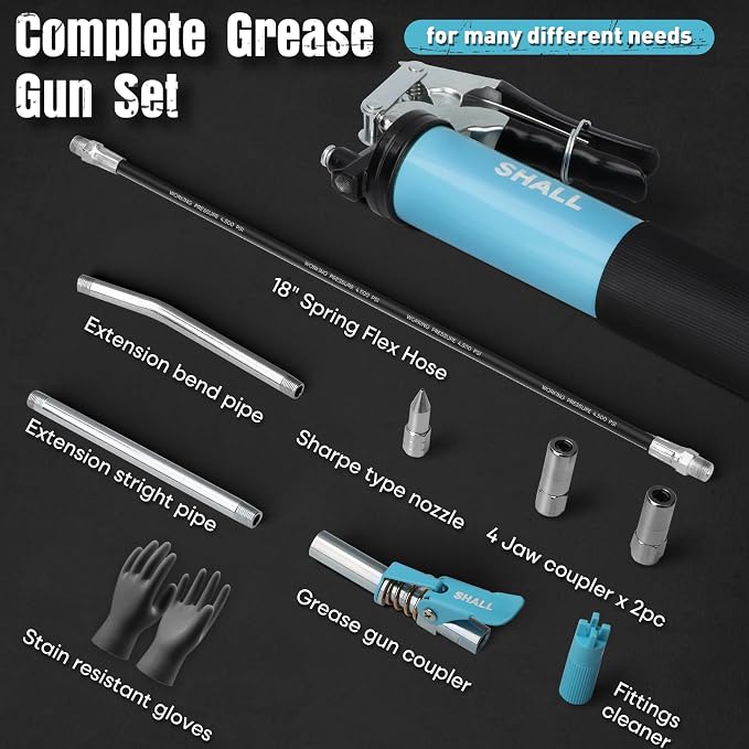 SHALL Grease Gun, 7000 PSI Heavy Duty Pistol Grip Grease Gun Kit w/Grease Gun - Image 2