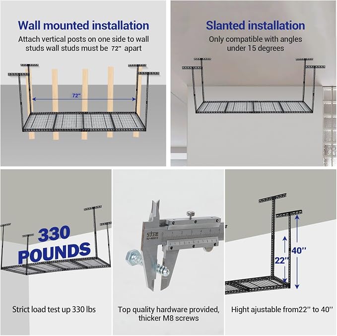 Overhead Garage Storage Rack 4x6 FT, Steel Ceiling Shelves 330lb Capacity - Image 4