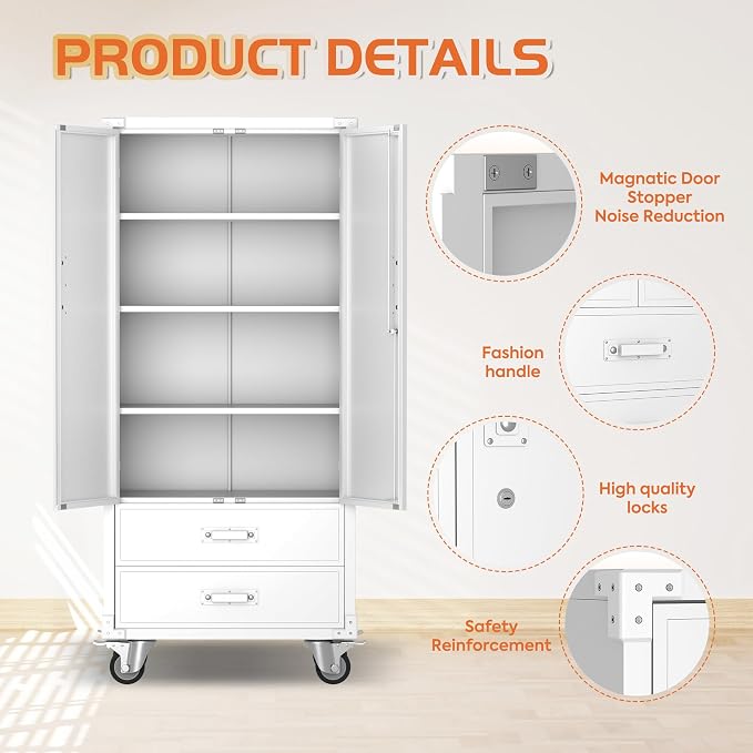 Rolling Storage Cabinet with 2 Doors and 2 Drawers, Heavy Duty Metal Storage - Image 4