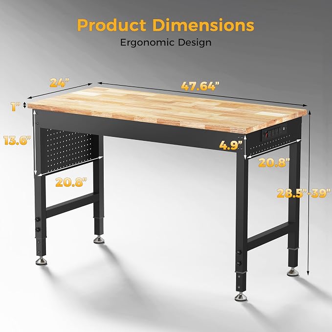 48" Adjustable Heavy Duty Workbench, 2000 LBS Load Capacity Rubber Wood Work - Image 7