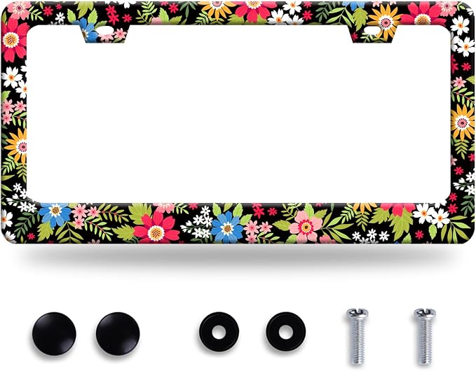 Folk Art Flowers License Plate Frame Funny Colorful License Plate Frames by BRAGHRTED
