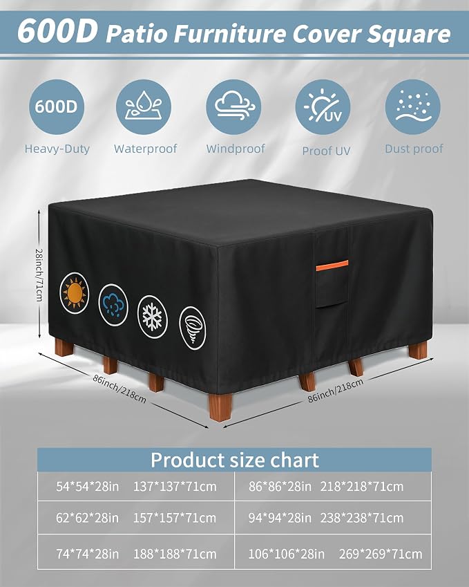 Outdoor Waterproof Furniture Cover, 86W x 86L x 28H inches Heavy Duty 600D - Image 3