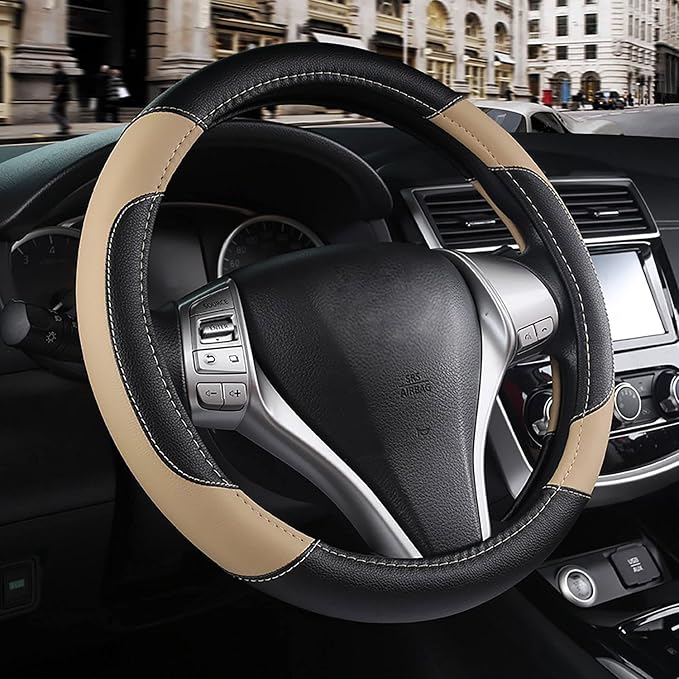 Leather Car Steering Wheel Cover, Non-Slip Car Wheel Cover Protector Breathable by Szttswamp