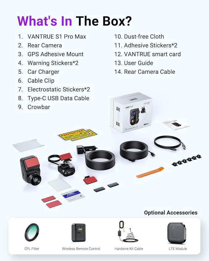 Vantrue S1 Pro Max 4K+4K Dash Cam Front and Rear, Dual 2160P Dash Camera - Image 9