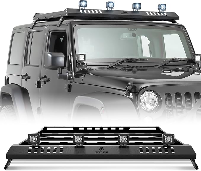 Roof Rack Cargo Basket with 4 PCS LED Light Bar Compatible with 2007-2024 Jeep by YZONA