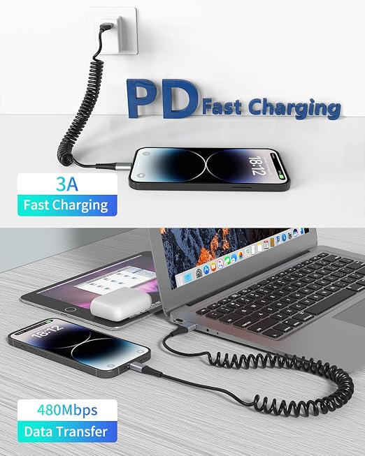 Coiled USB C to Lightning Cable, 2 Pack Retractable iPhone Charging Cable - Image 3