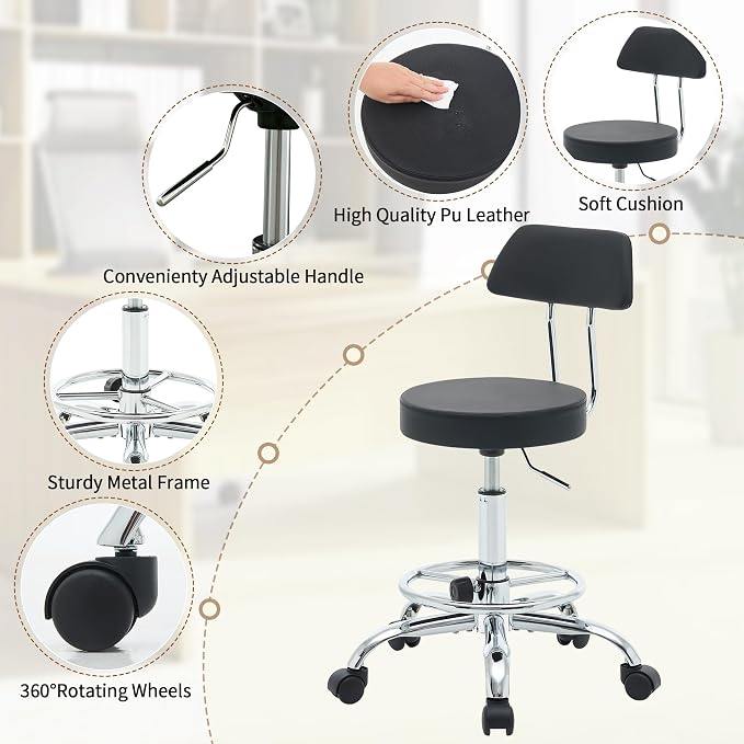Rolling Stool with Back, Adjustable Height Foot Rest Rolling Salon Chair - Image 4
