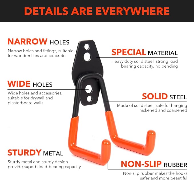 2 Pack Heavy Duty Steel Utility Wall Hooks, Wall Mount Garage Storage Organizer - Image 3