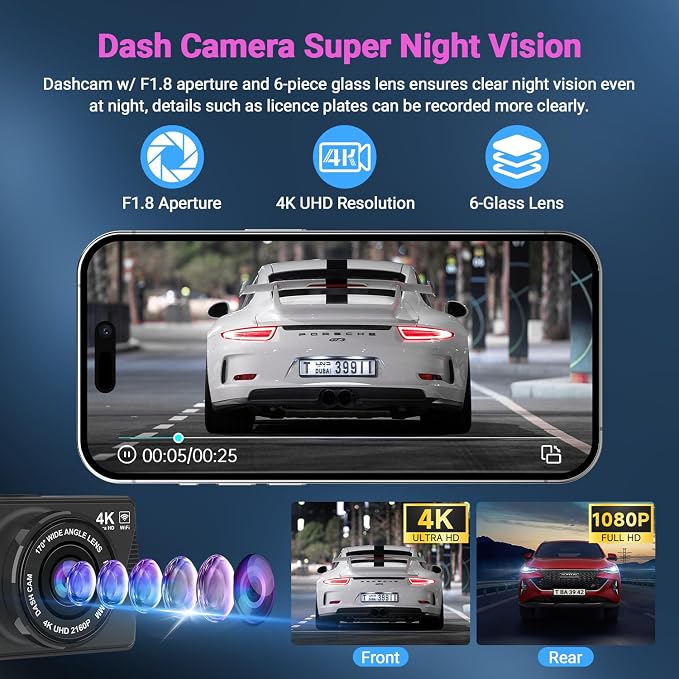Dash Cam Front and Rear, Dash Cam 4K WiFi/APP Control Dashcam W/ 64GB Card Dash - Image 4