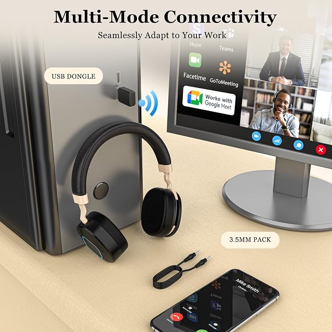 Wireless Headset with Mic for Work, Hybrid Mode Wireless/Wired, Dual AI Noise - Image 4