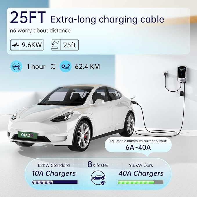 QIAO Level 2 EV Charger, Wi-Fi Bluetooth APP Enabled EVSE, 4.3in Display - Image 2