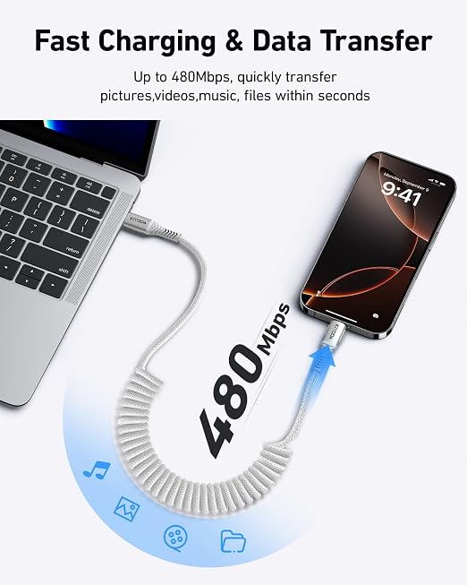 USB C to C Cable 6ft for Car, Coiled Braided USB Type C Cable 66W Fast Charging - Image 5