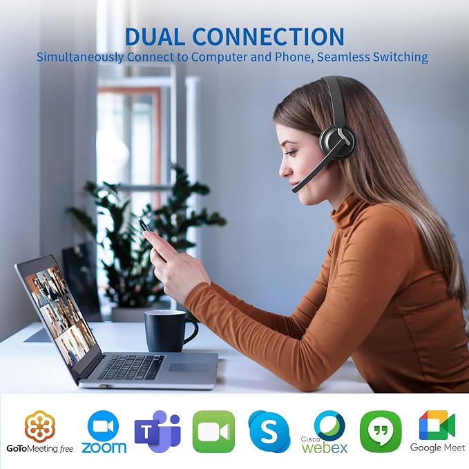 Wireless Headset with Mic for Work, Wireless Headphone with Voice Assistant for - Image 2
